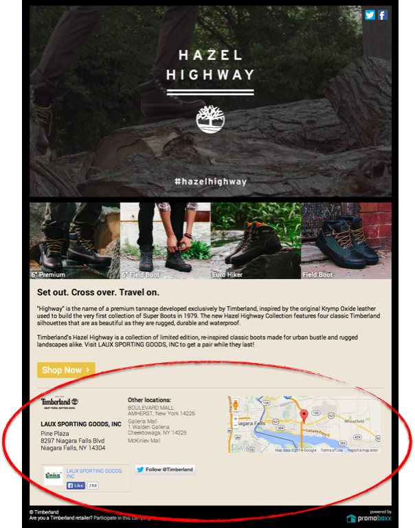 Timberland landing page retailer info highlighted